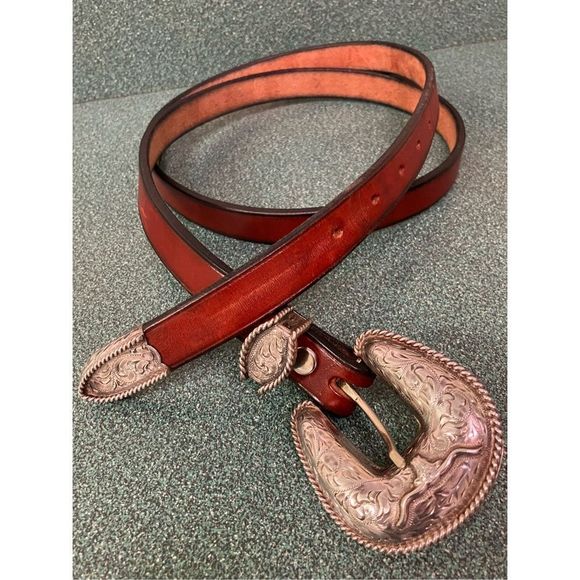 Women’s Western Cowgirl Belt Sterling Silver Overlaid Buckle Set Vintage Brown main image 7